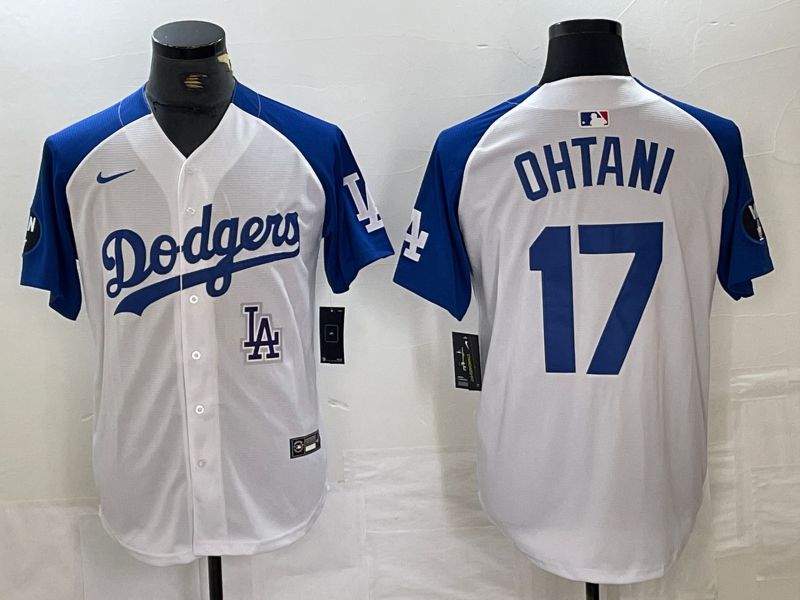 Men Los Angeles Dodgers #17 Ohtani White blue Fashion Nike Game MLB Jersey style 1